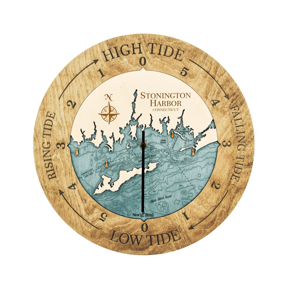 Stonington Harbor Tide Clock Honey Accent with Blue Green Water
