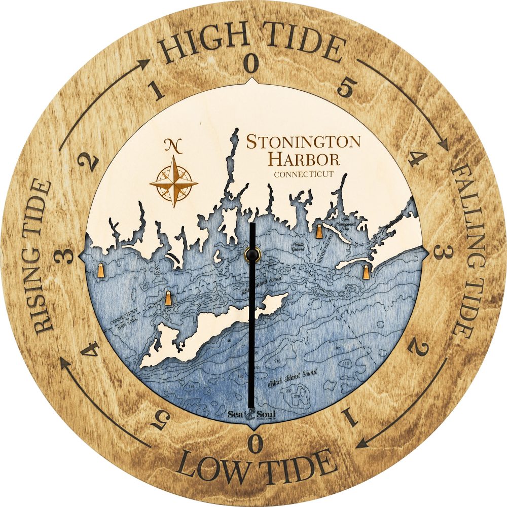 Stonington Harbor Tide Clock Honey Accent with Deep Blue Water Product Shot