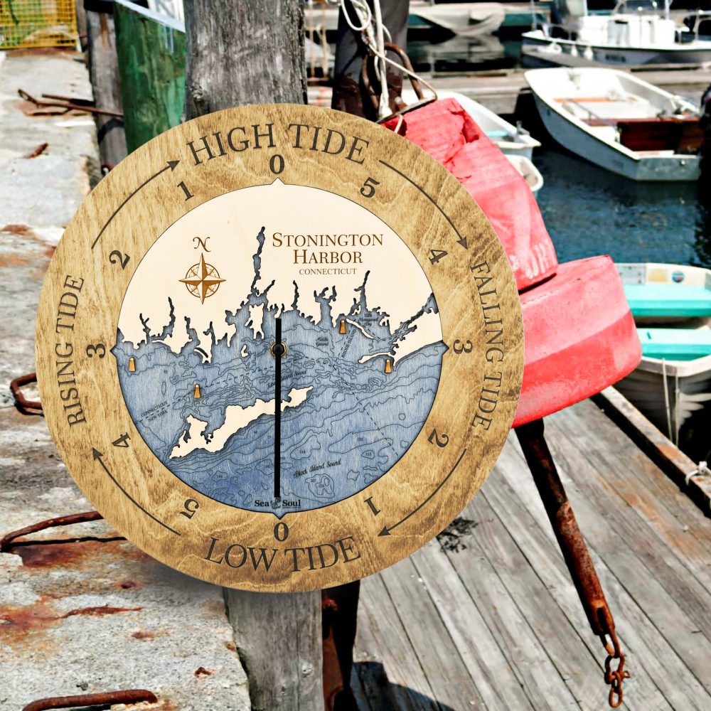 Stonington Harbor Tide Clock Honey Accent with Deep Blue Water Hanging on Dock Post