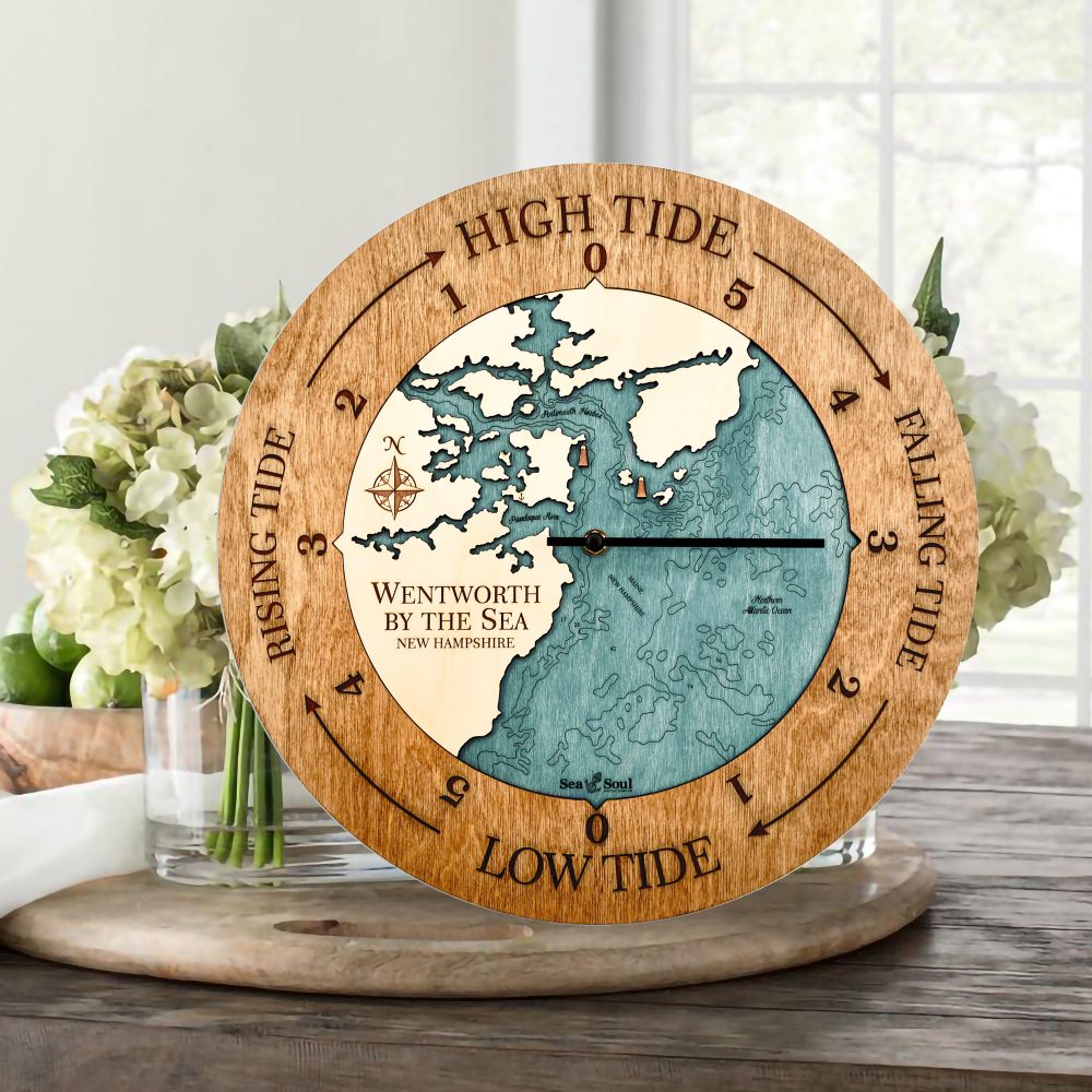 Wentworth Tide Clock Americana Accent with Blue Green Water Sitting on Table with Flowers