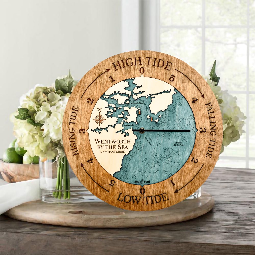 Wentworth New Hampshire Tide Clock Americana Accent with Blue Green Water Sitting on Table with Flowers