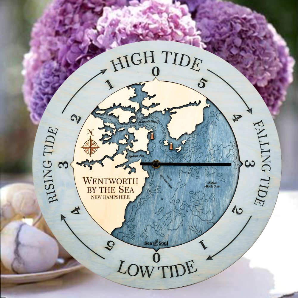 Wentworth New Hampshire Tide Clock Bleach Blue Accent with Deep Blue Water Sitting on Table with Flowers