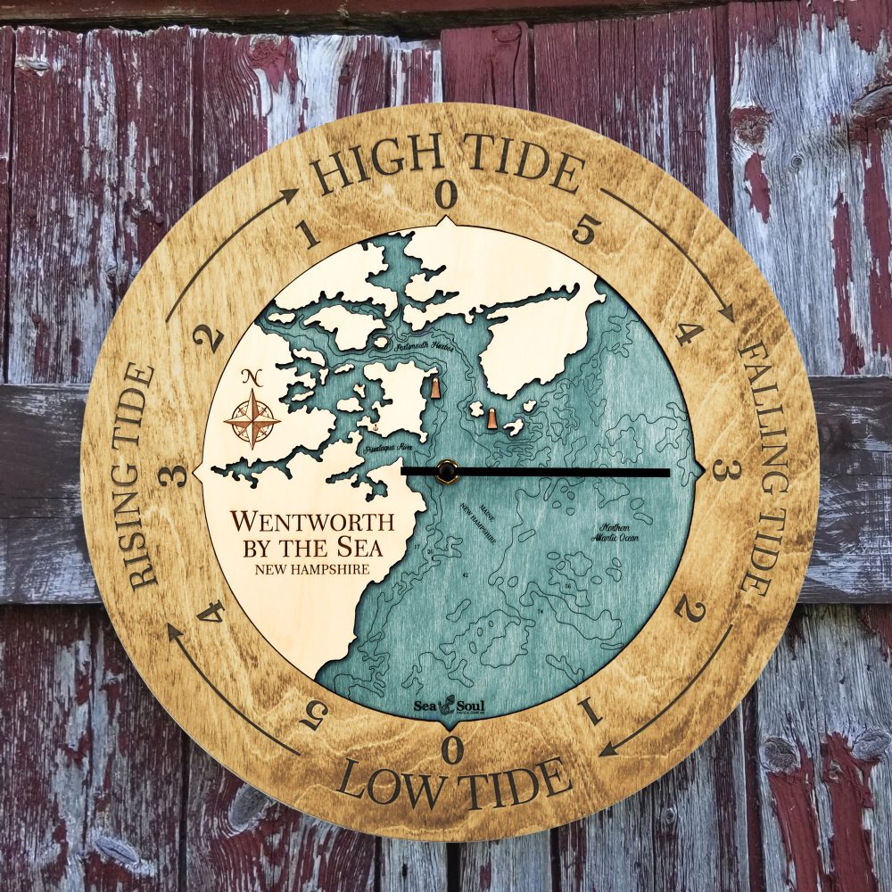 Wentworth New Hampshire Tide Clock Honey Accent with Blue Green Water Hanging on Fence