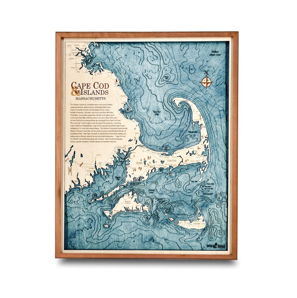 Cape Cod Nautical Map Wall Art Cherry Accent with Blue Green Water