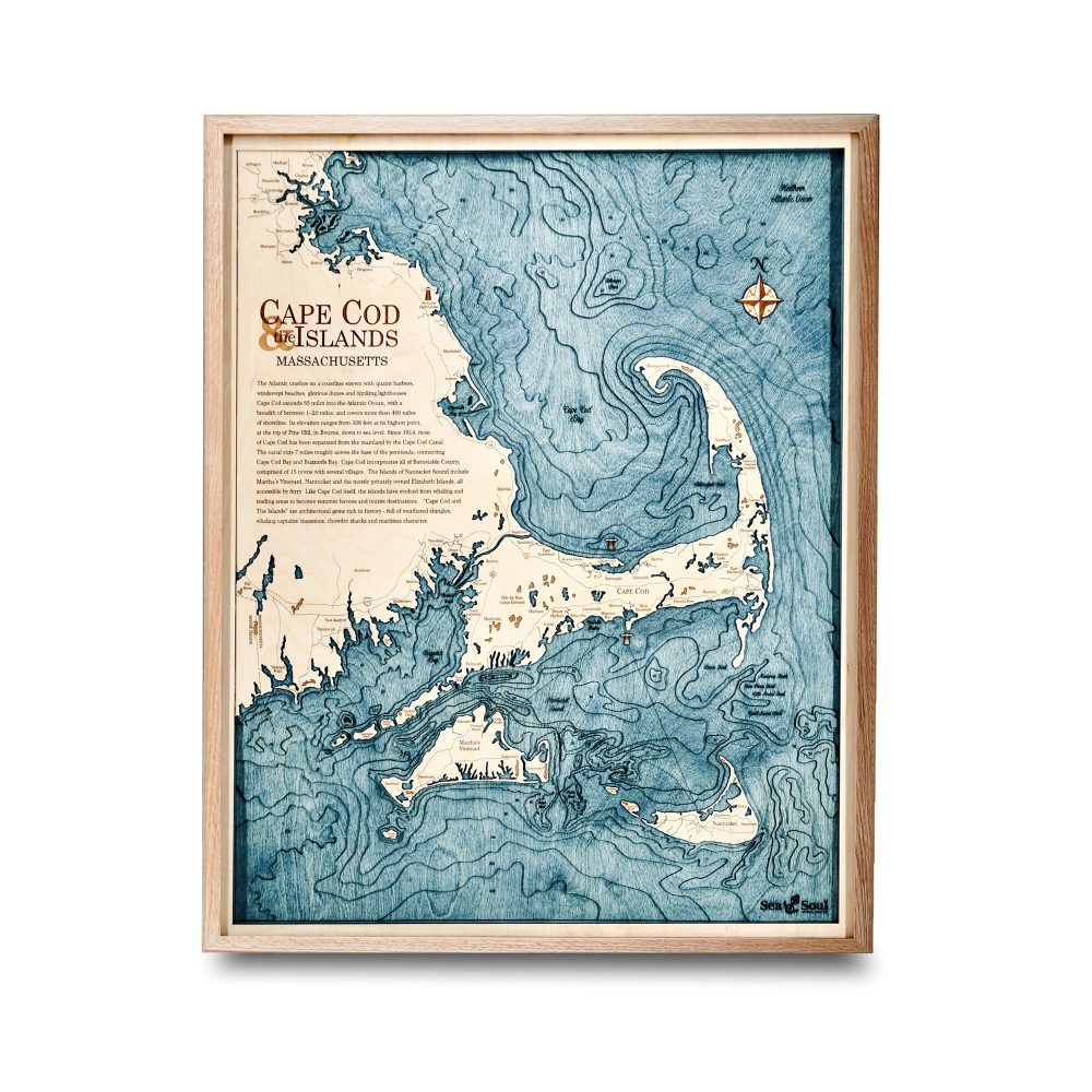 Cape Cod Nautical Map Wall Art Oak Accent with Blue Green Water