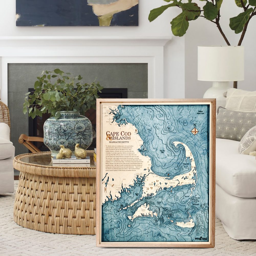 Cape Cod Nautical Map Wall Art Oak Accent with Blue Green Water Sitting in Living Room by Coffee Table