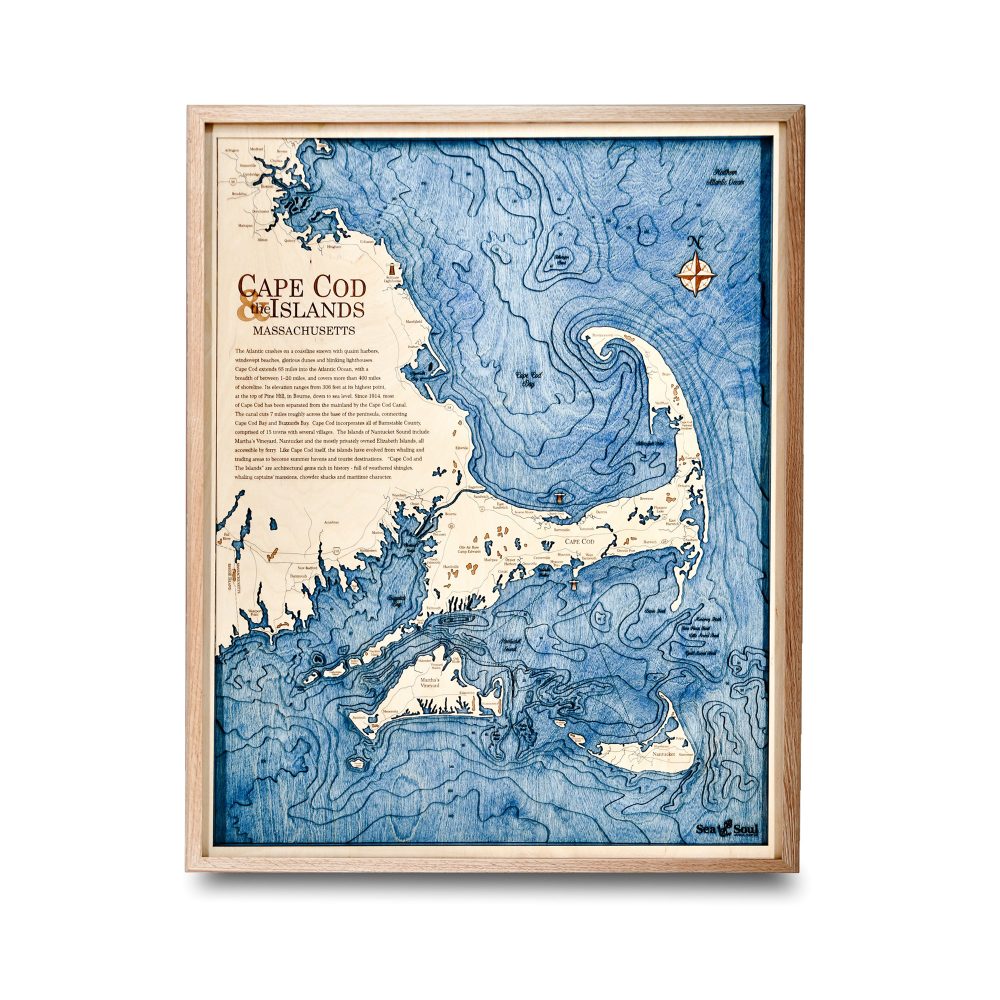 Cape Cod Nautical Map Wall Art Oak Accent with Deep Blue Water