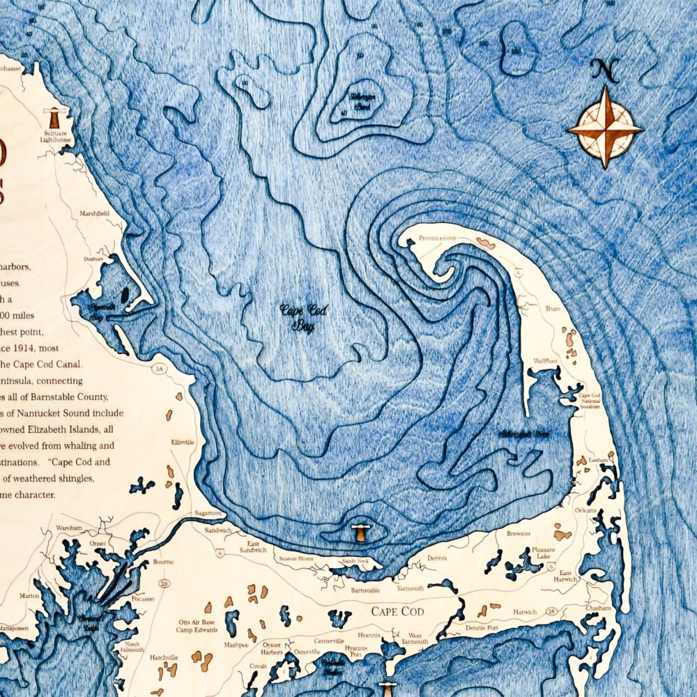Cape Cod Nautical Map Wall Art Oak Accent with Deep Blue Water Detail Shot 1