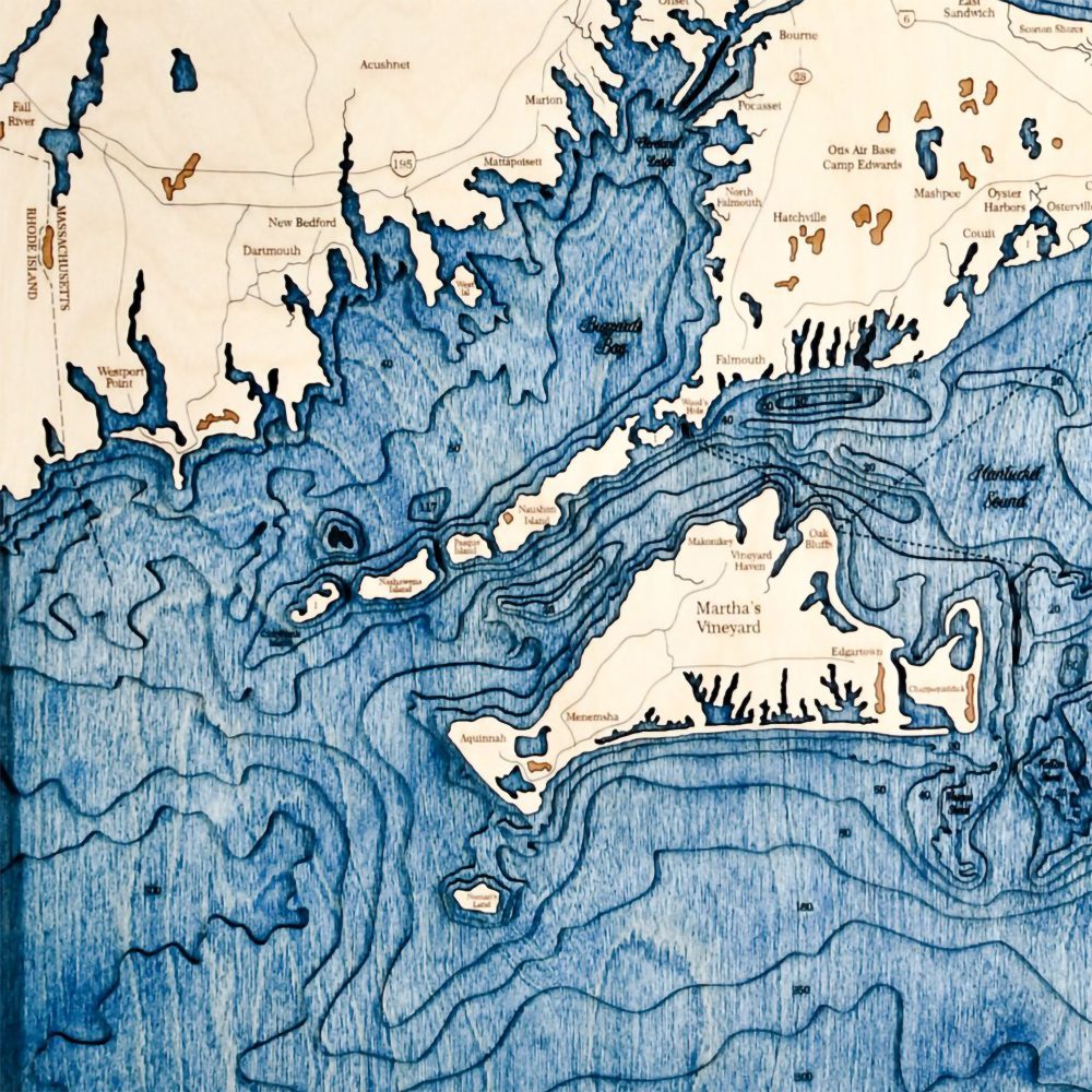 Cape Cod Nautical Map Wall Art Oak Accent with Deep Blue Water Detail Shot 2