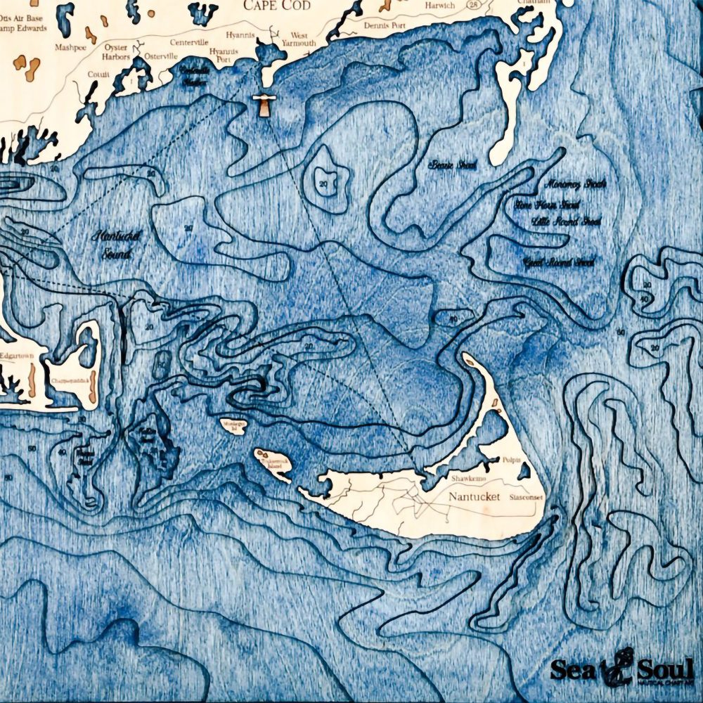 Cape Cod Nautical Map Wall Art Oak Accent with Deep Blue Water Detail Shot 3