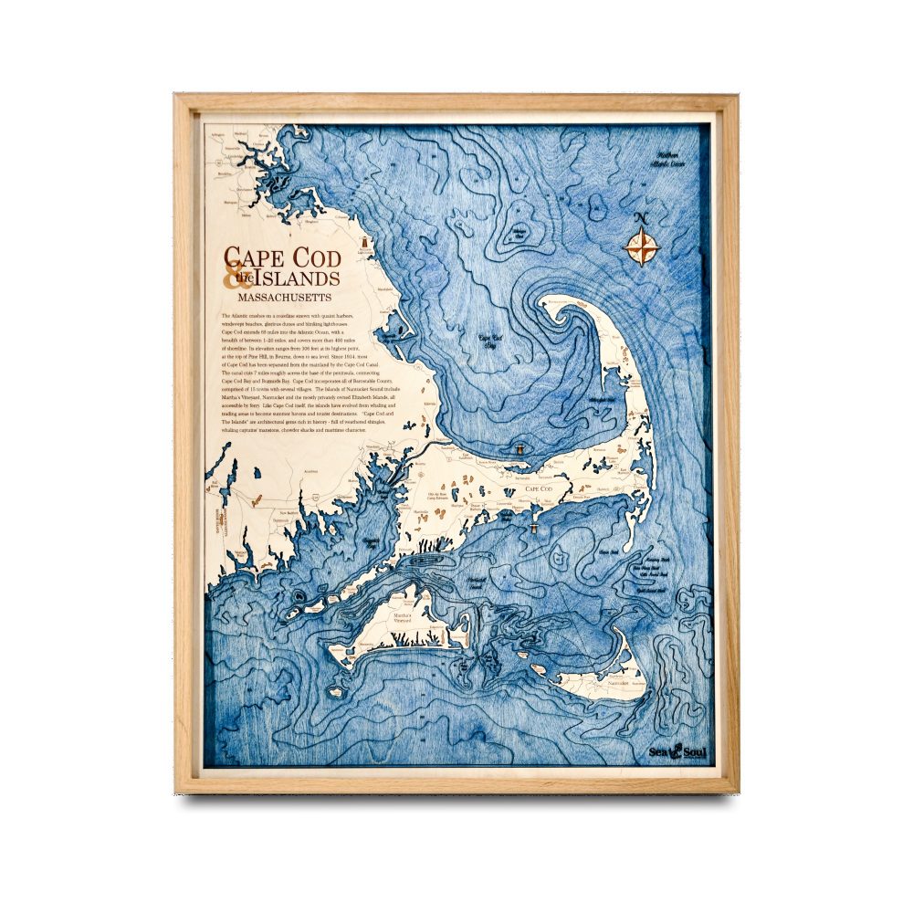Cape Cod Nautical Map Wall Art - Oak Frame