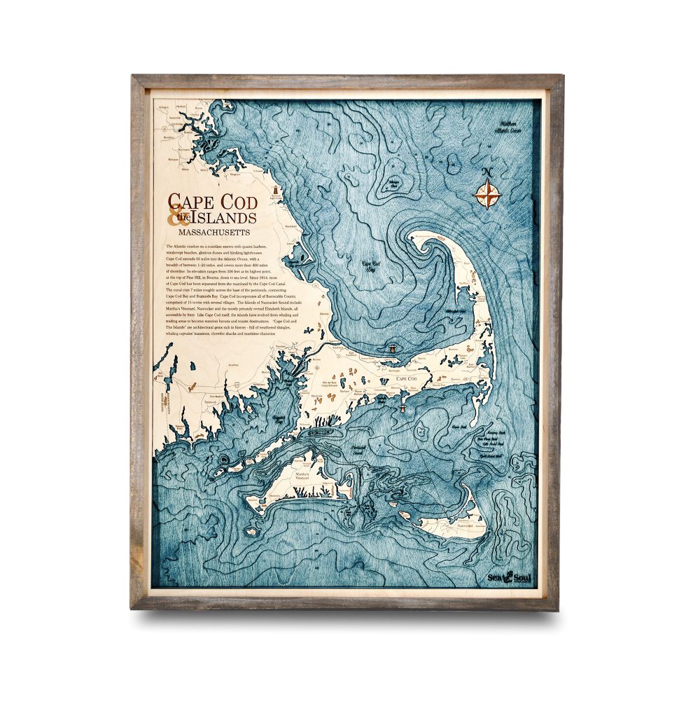 Cape Cod Nautical Map Wall Art Rustic Pine Accent with Blue Green Water