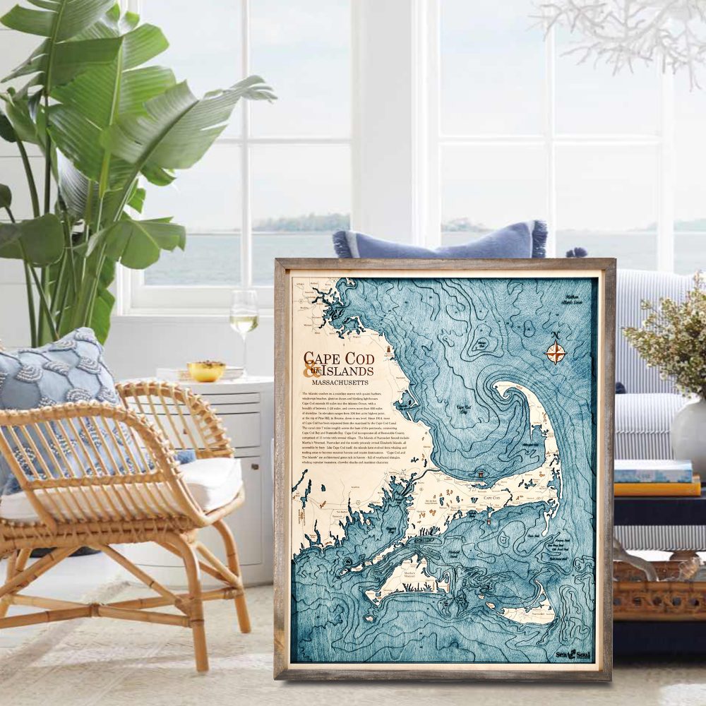 Cape Cod Nautical Map Wall Art Rustic Pine Accent with Blue Green Water Sitting in Living Room by Coffee Table and Armchair