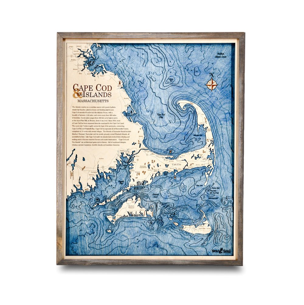 Cape Cod Nautical Map Wall Art Rustic Pine Accent with Deep Blue Water