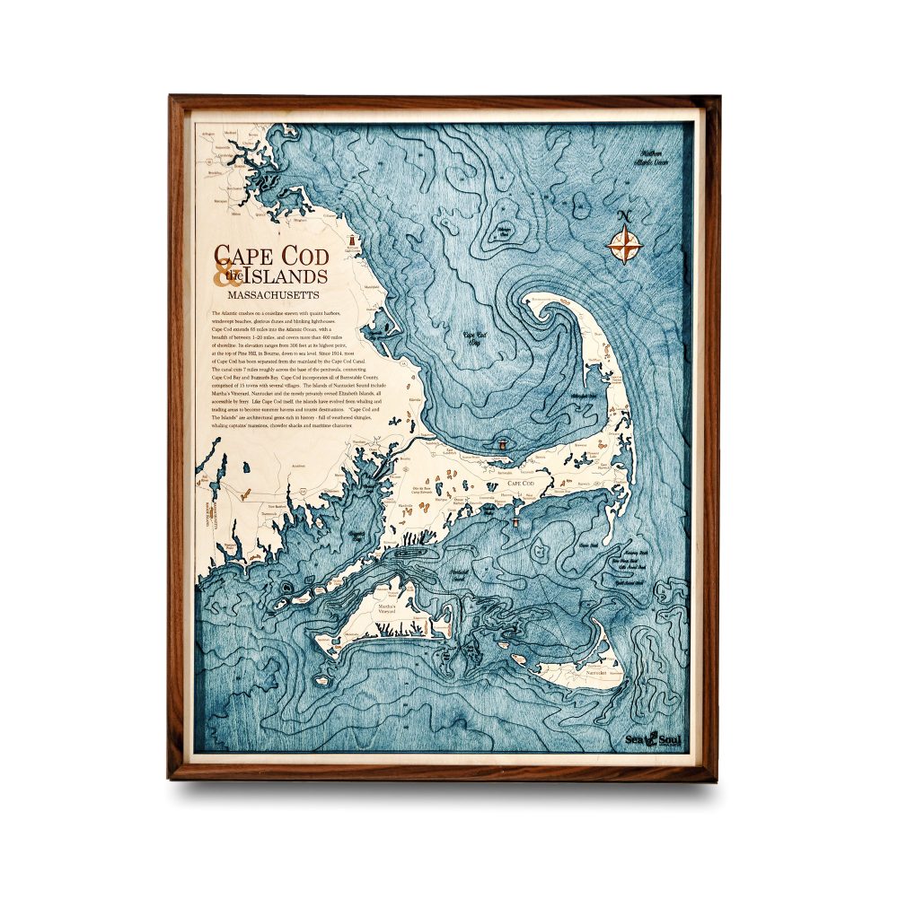 Cape Cod Nautical Map Wall Art Walnut Accent with Blue Green Water
