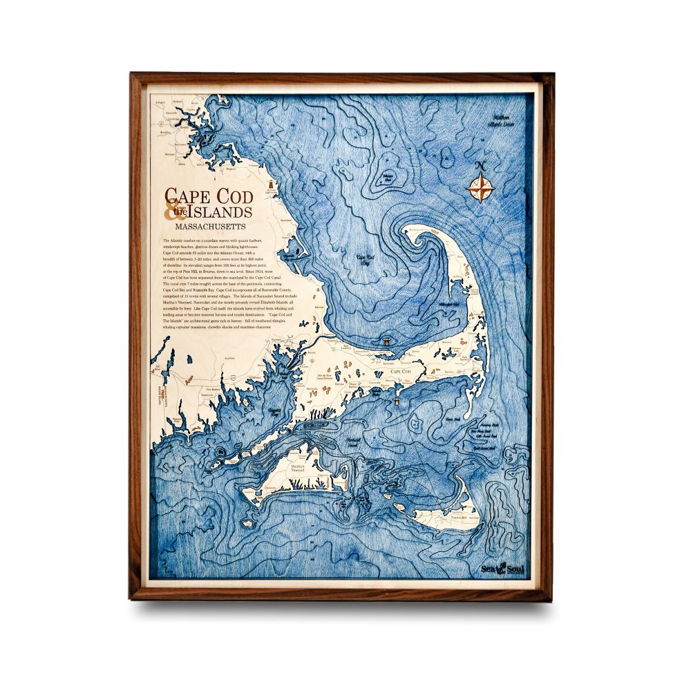 Cape Cod Nautical Map Wall Art Walnut Accent with Deep Blue Water