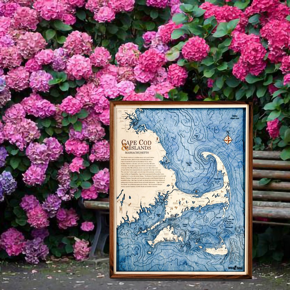 Cape Cod Nautical Map Wall Art Walnut Accent with Deep Blue Water Sitting Outside by Bench and Flowers