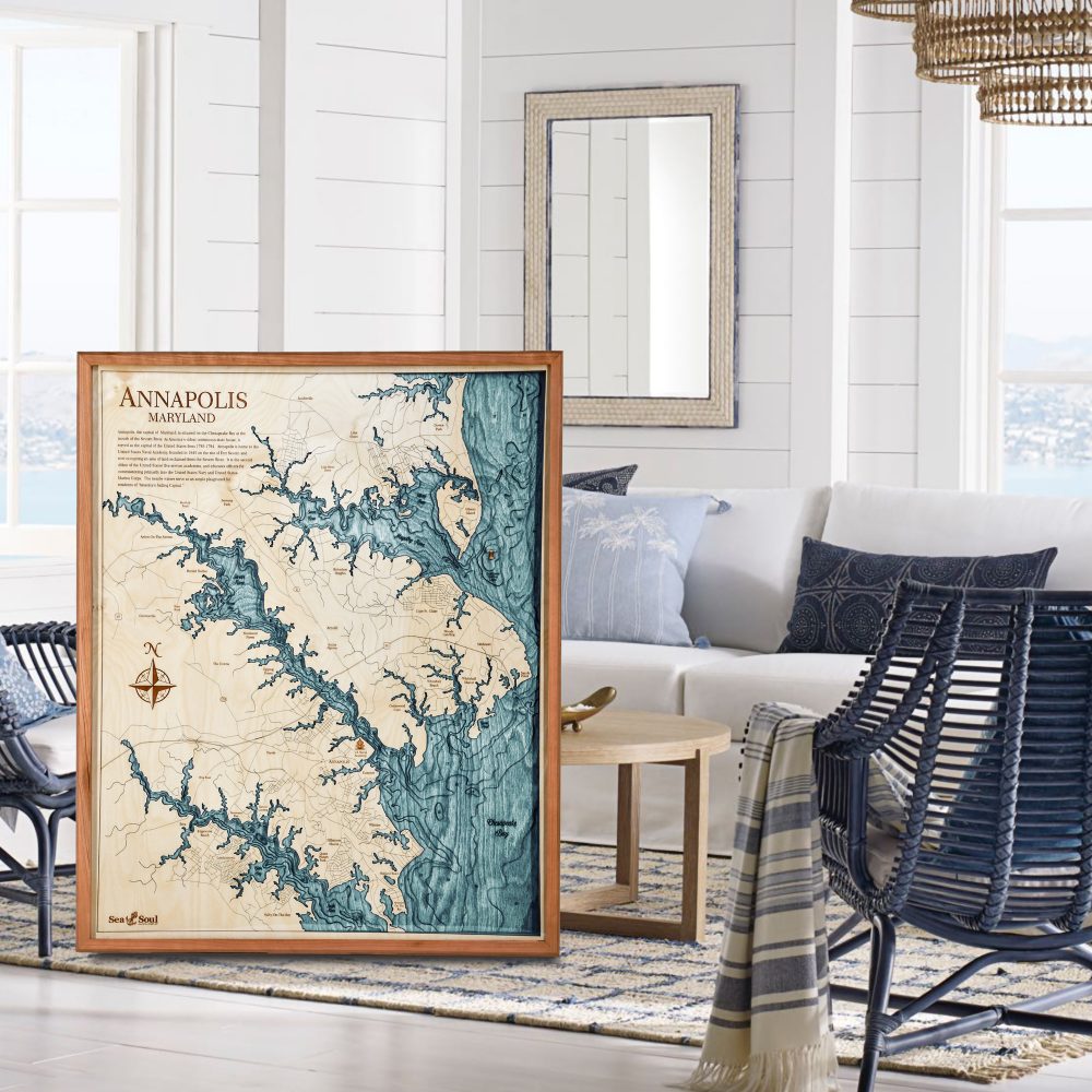 Annapolis Nautical Map Wall Art Cherry Accent with Blue Green Water Sitting in Living Room by Chair and Coffee Table