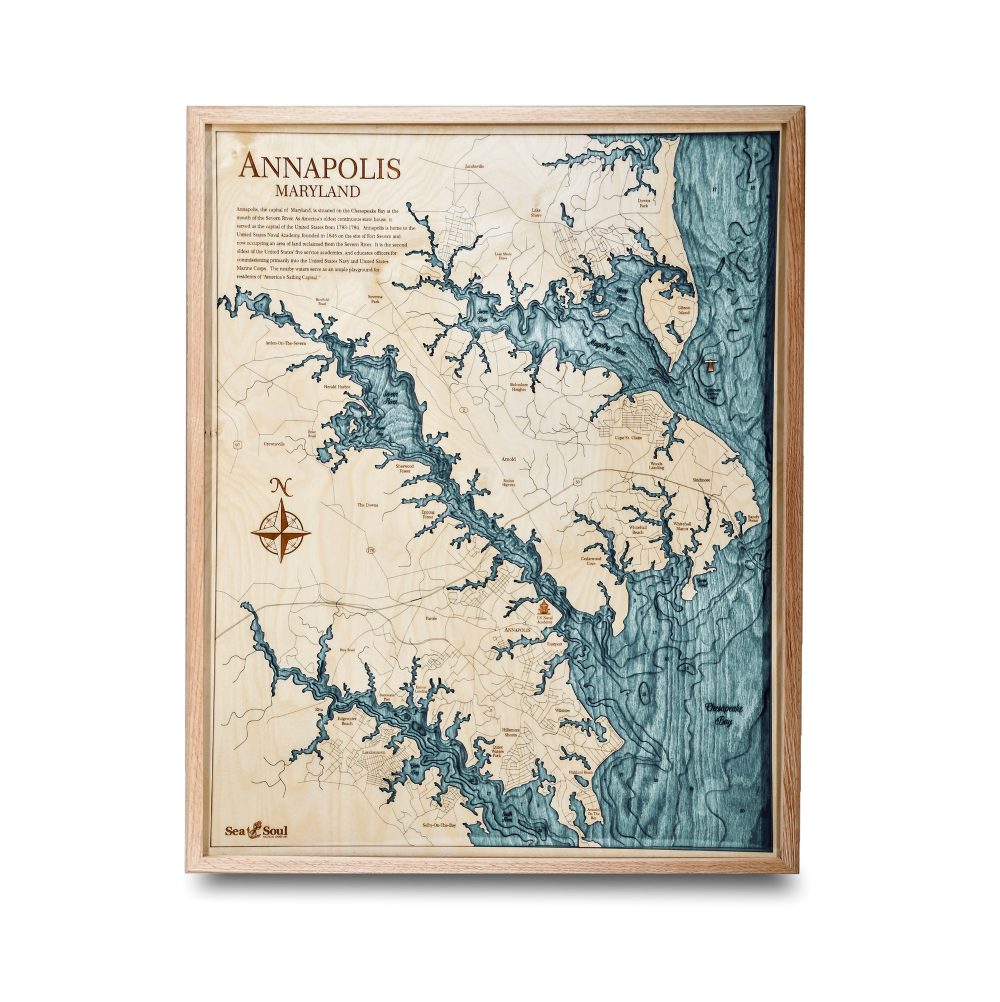 Annapolis Nautical Map Wall Art Oak Accent with Blue Green Water