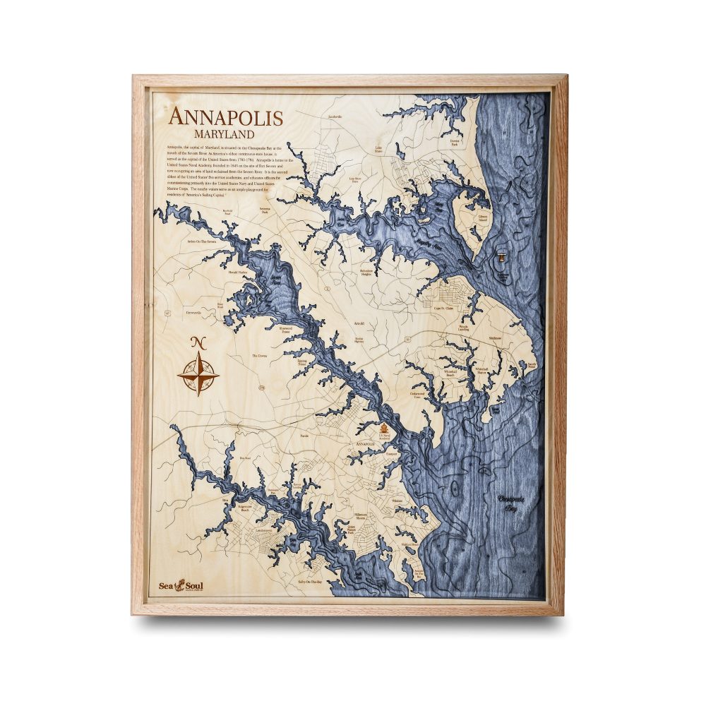 Annapolis Nautical Map Wall Art Oak Accent with Deep Blue Water