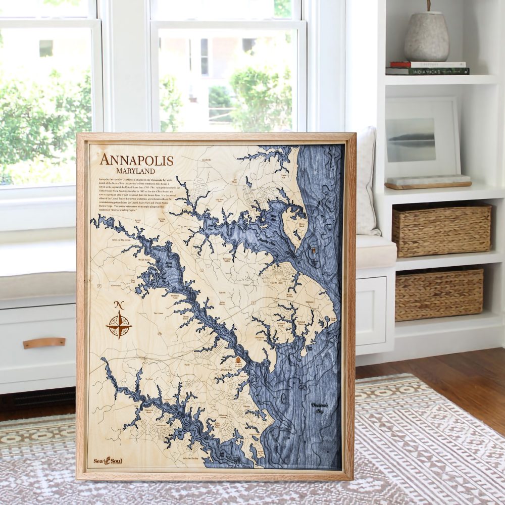 Annapolis Nautical Map Wall Art Oak Accent with Deep Blue Water Sitting by Window
