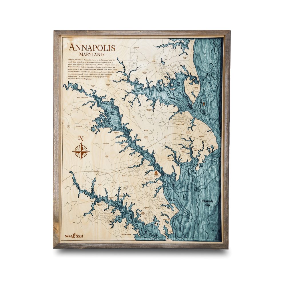 Annapolis Nautical Map Wall Art Rustic Pine Accent with Blue Green Water