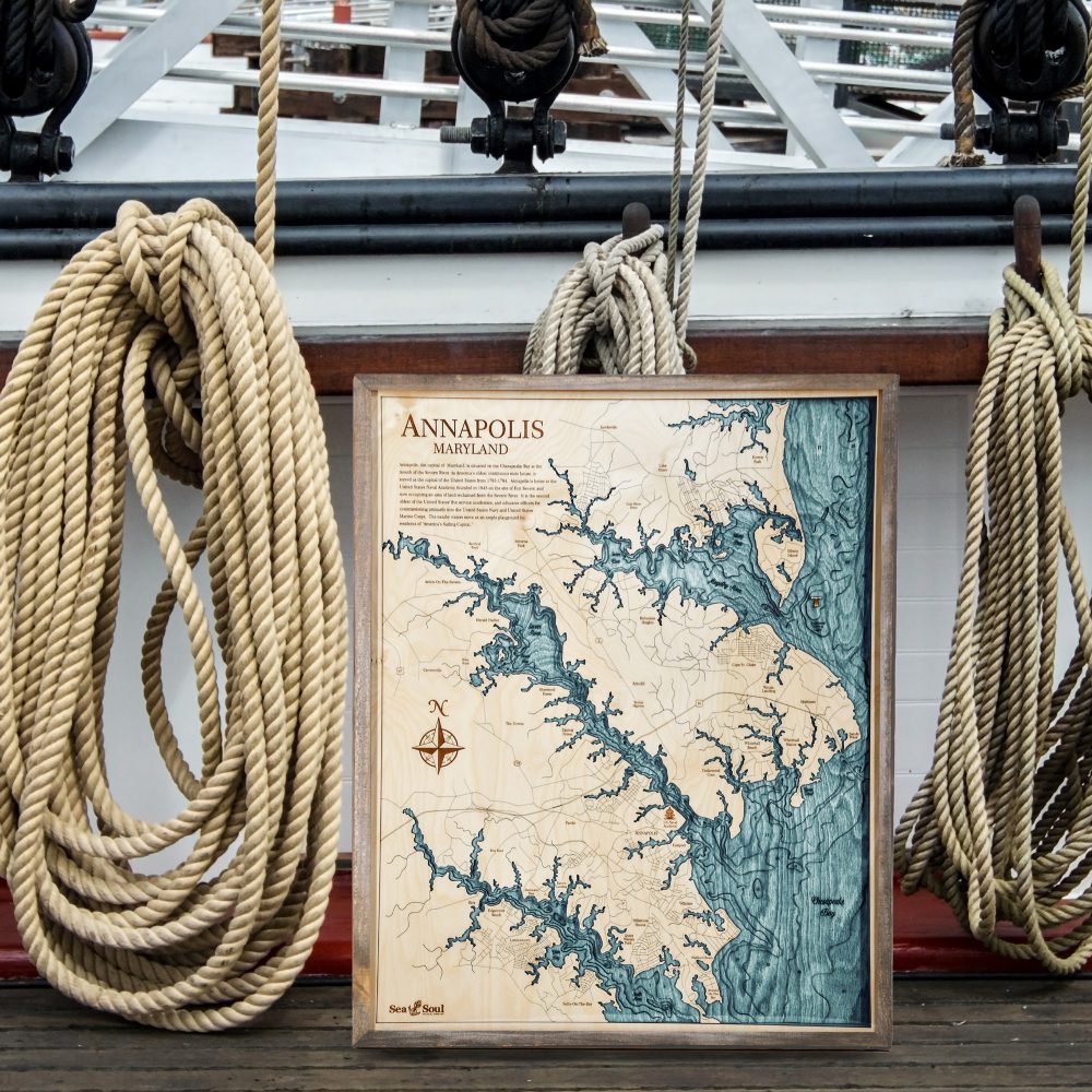 Annapolis Nautical Map Wall Art Rustic Pine Accent with Blue Green Water Sitting on Dock by Boat