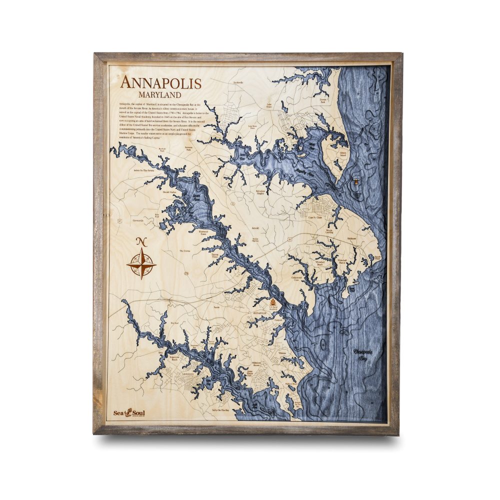 Annapolis Nautical Map Wall Art Rustic Pine Accent with Deep Blue Water