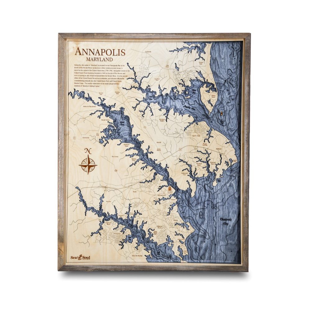 Annapolis Nautical Map Wall Art Rustic Pine Accent with Deep Blue Water