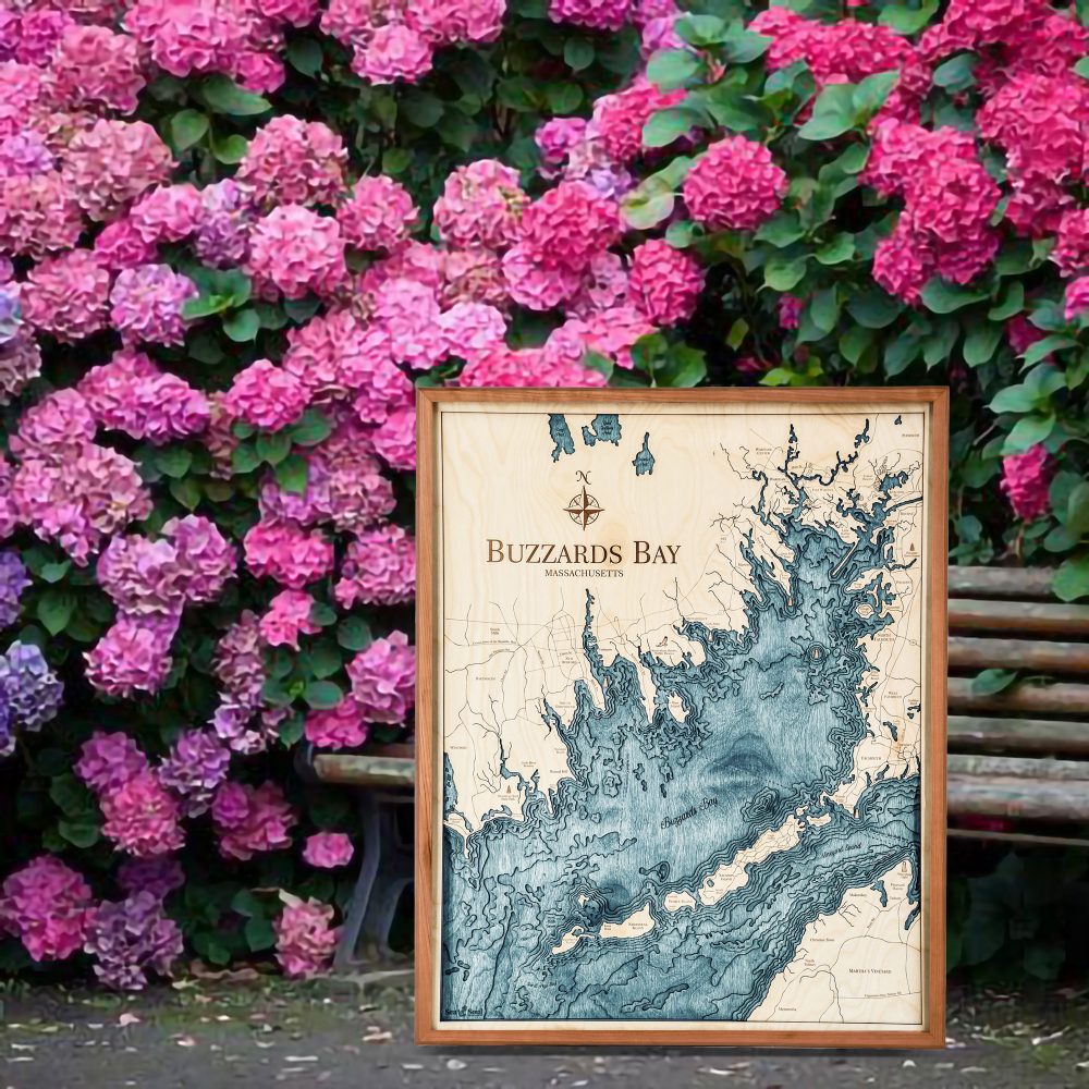 Buzzards Bay Nautical Map Wall Art Cherry Accent with Blue Green Water Sitting Outside by Bench and Flowers