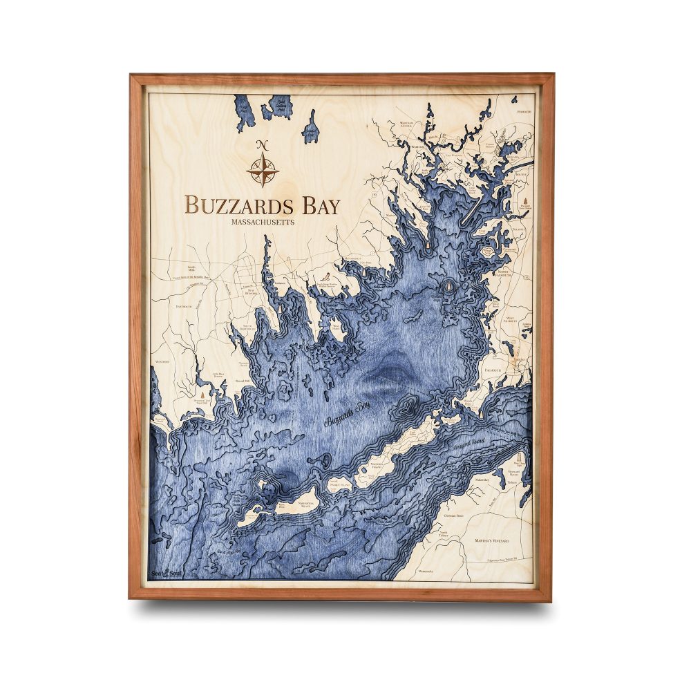 Buzzards Bay Nautical Map Wall Art Cherry Accent with Deep Blue Water