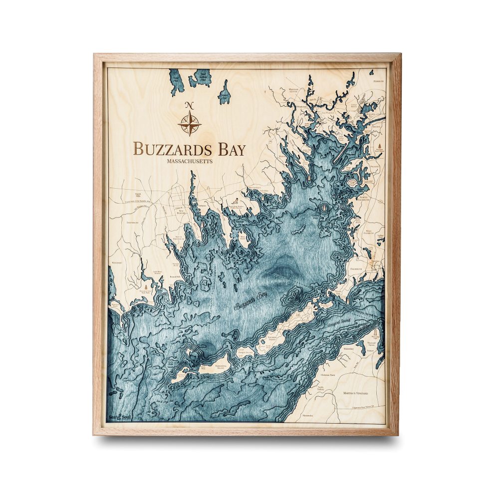 Buzzards Bay Nautical Map Wall Art Oak Accent with Blue Green Water