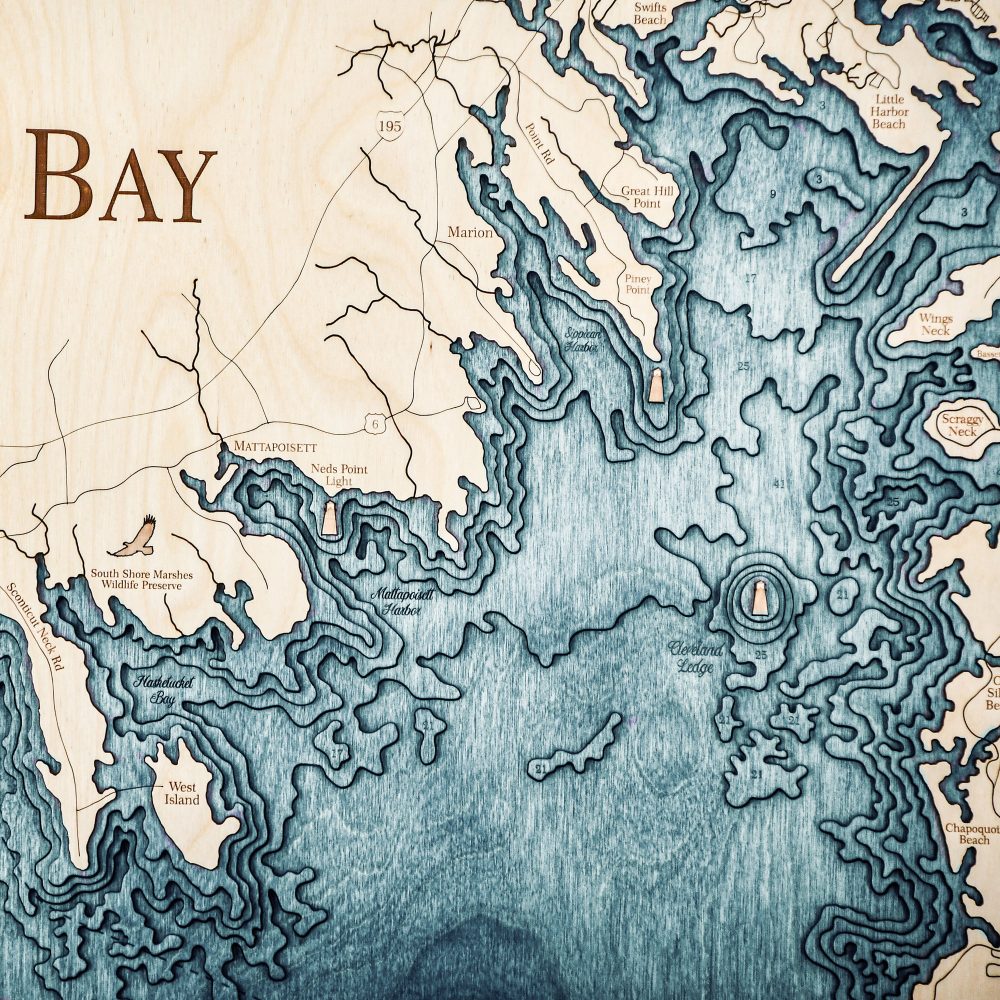 Buzzards Bay Nautical Map Wall Art Oak Accent with Blue Green Water Detail Shot 1