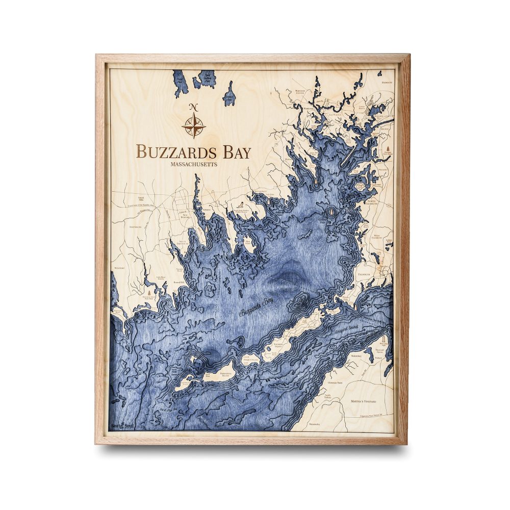 Buzzards Bay Nautical Map Wall Art Oak Accent with Deep Blue Water