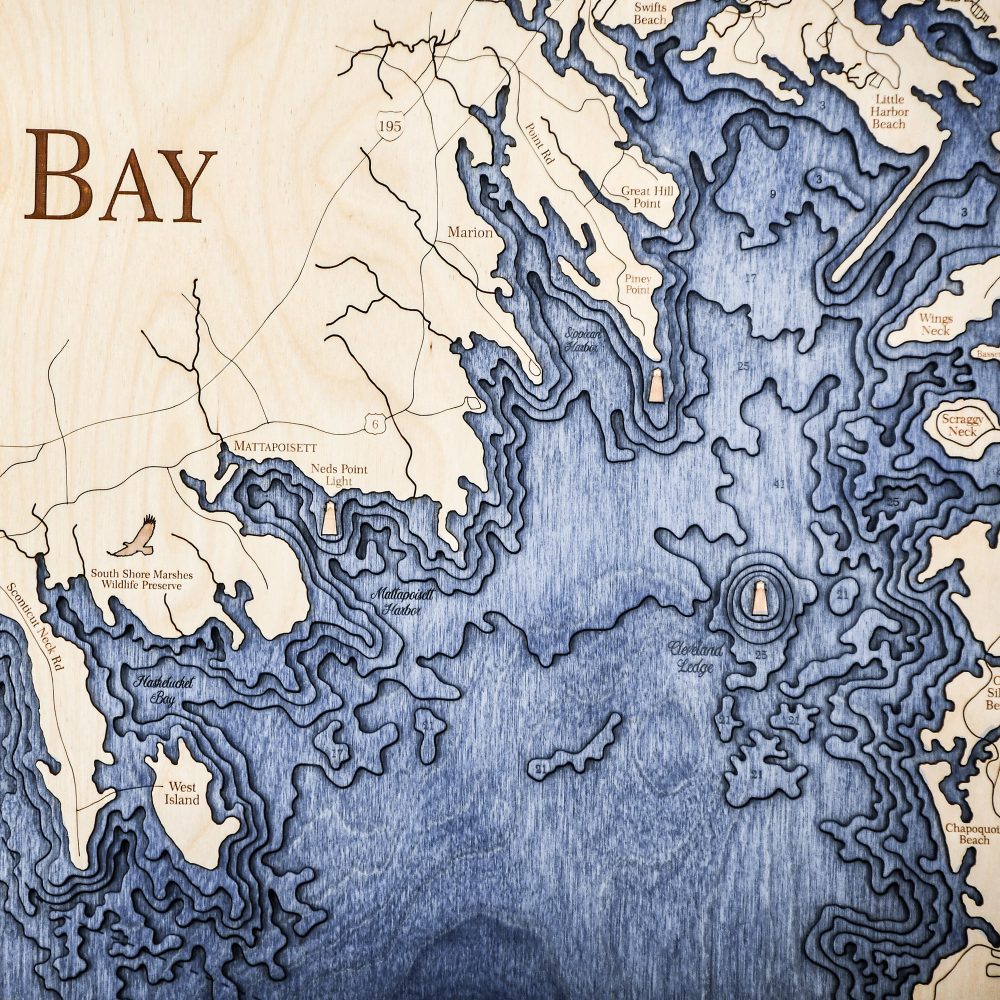 Buzzards Bay Nautical Map Wall Art Oak Accent with Deep Blue Water Detail Shot 1