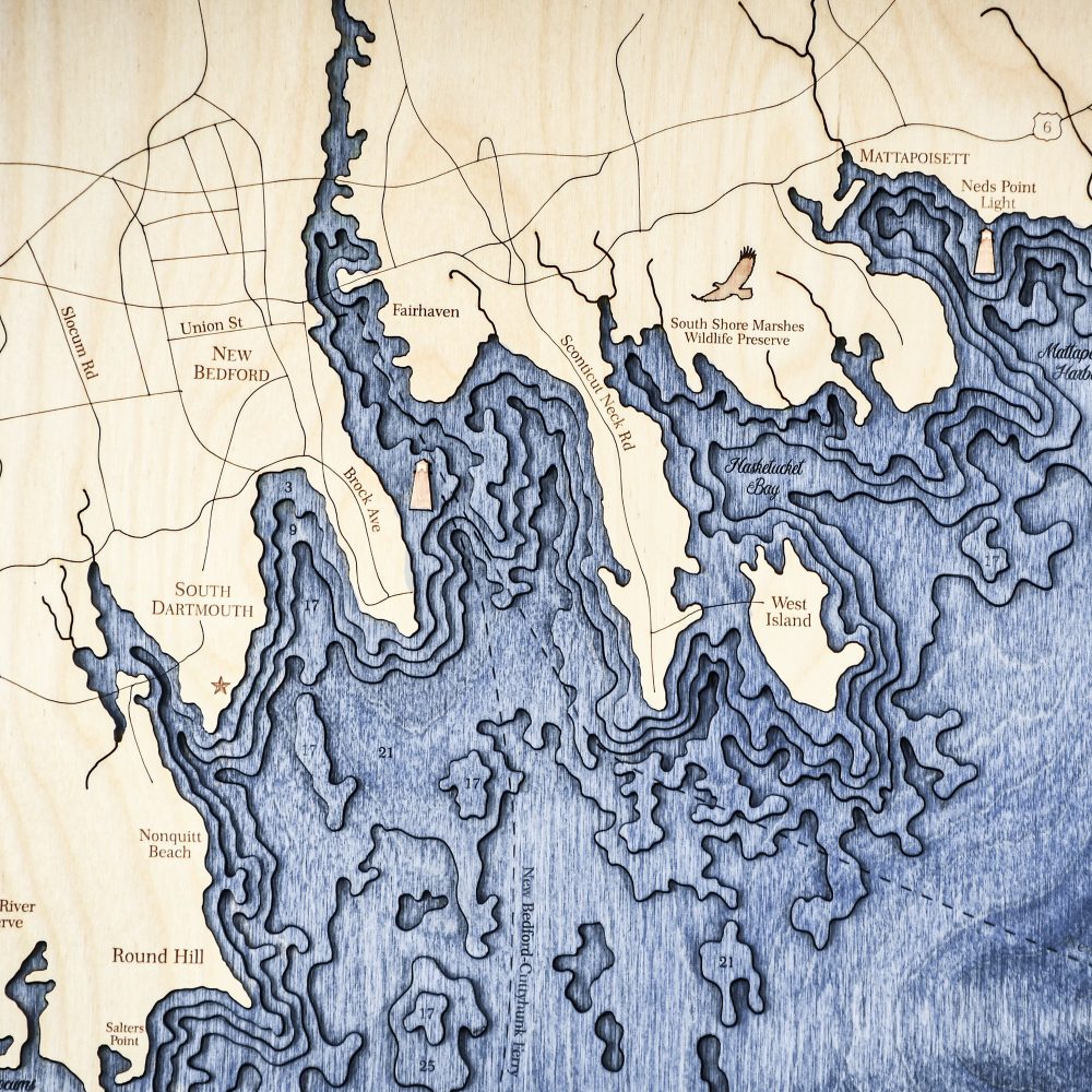 Buzzards Bay Nautical Map Wall Art Oak Accent with Deep Blue Water Detail Shot 3