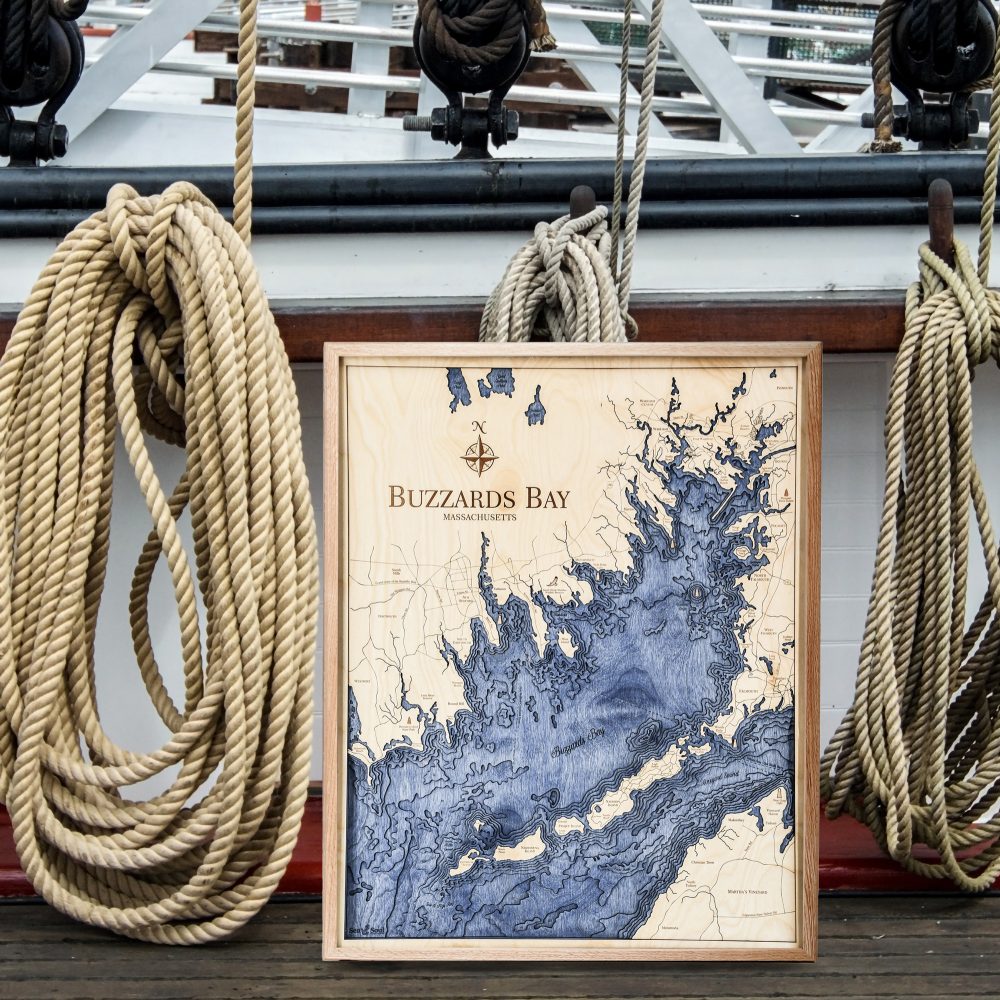 Buzzards Bay Nautical Map Wall Art Oak Accent with Deep Blue Water Sitting on Dock by Boat