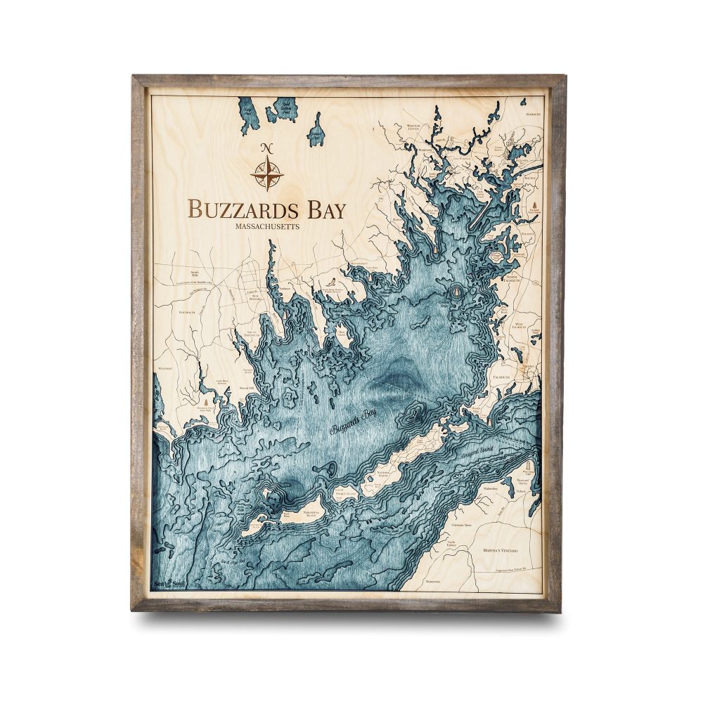 Buzzards Bay Nautical Map Wall Art Rustic Pine Accent with Blue Green Water