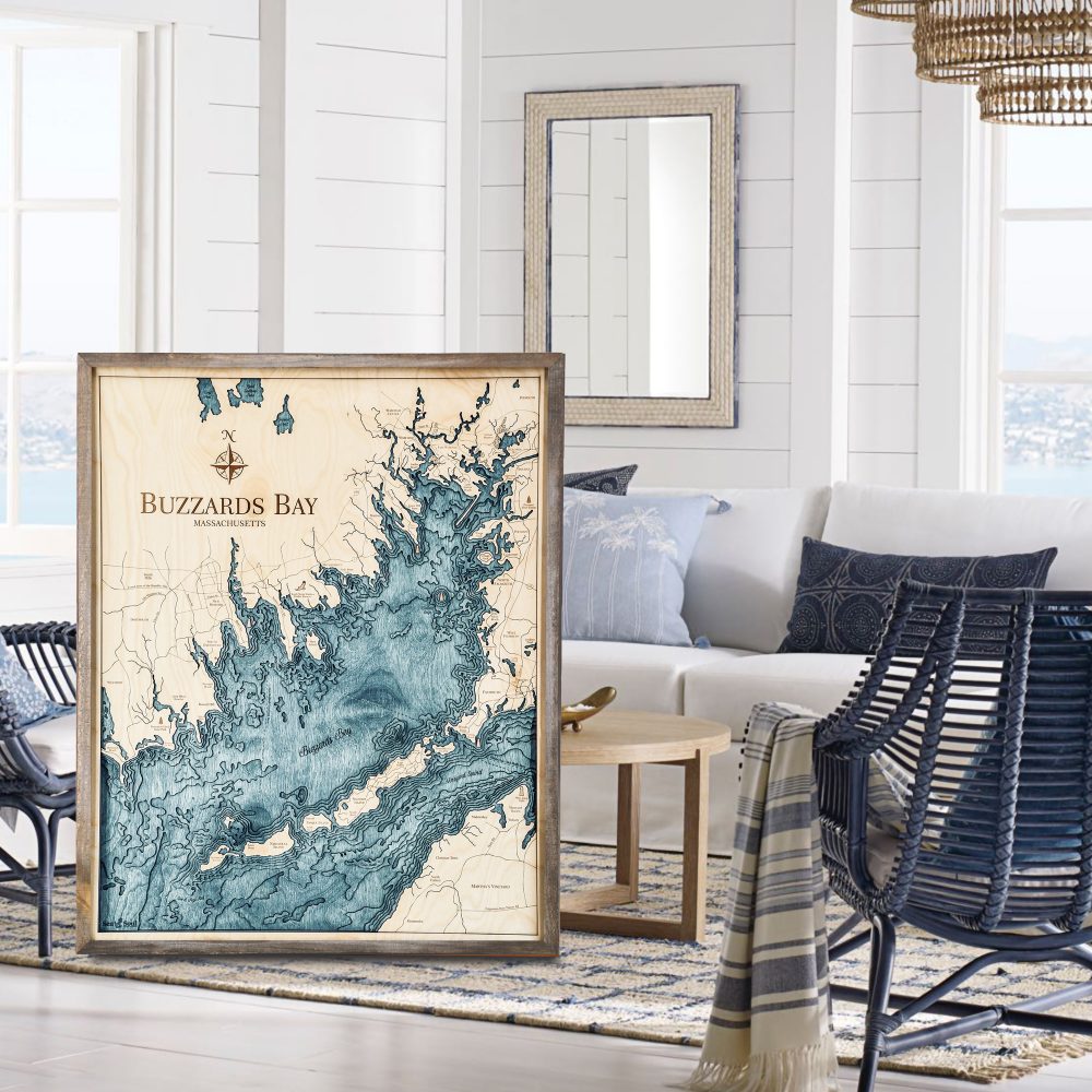 Buzzards Bay Nautical Map Wall Art Rustic Pine Accent with Blue Green Water Sitting in Living Room by Chair and Coffee Table