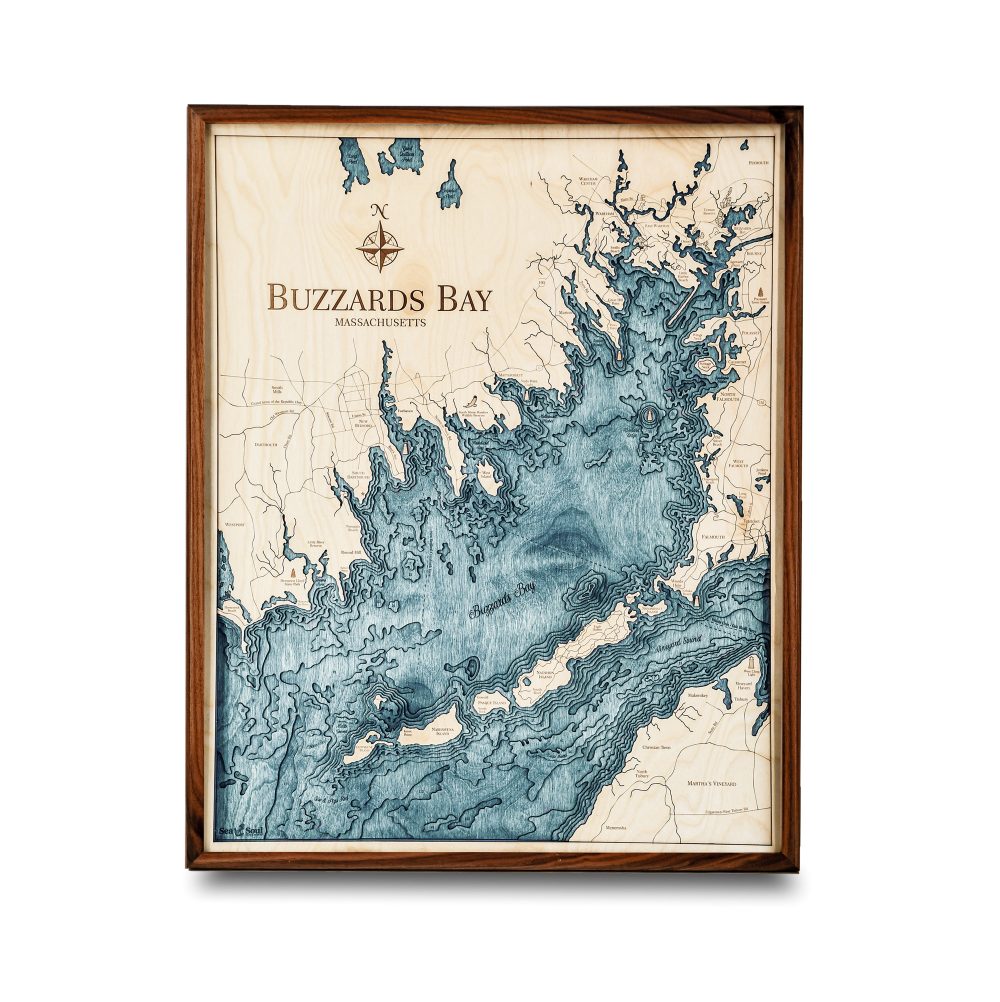 Buzzards Bay Nautical Map Wall Art Walnut Accent with Blue Green Water