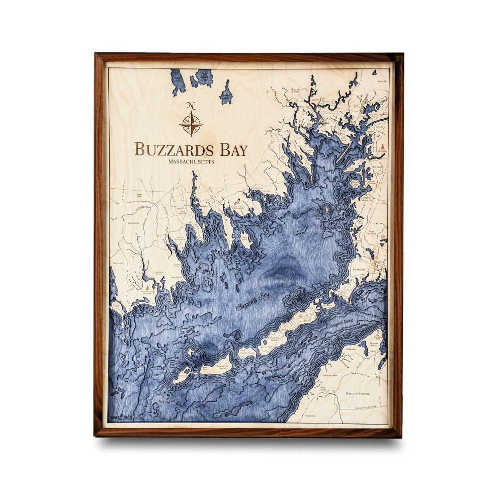 Buzzards Bay Nautical Map Wall Art Walnut Accent with Deep Blue Water