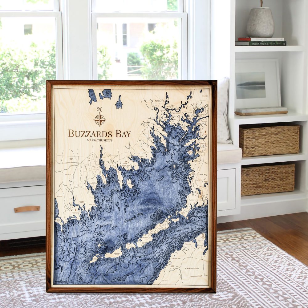 Buzzards Bay Nautical Map Wall Art Walnut Accent with Deep Blue Water Sitting by Window