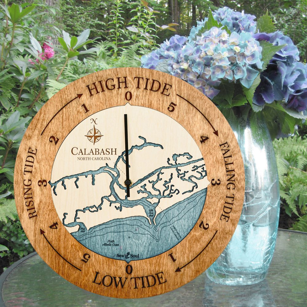 Calabash Tide Clock Americana Accent with Blue Green Water Sitting on Table with Flowers