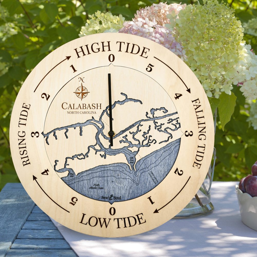 Calabash Tide Clock Birch Accent with Deep Blue Water Sitting on Table with Flowers