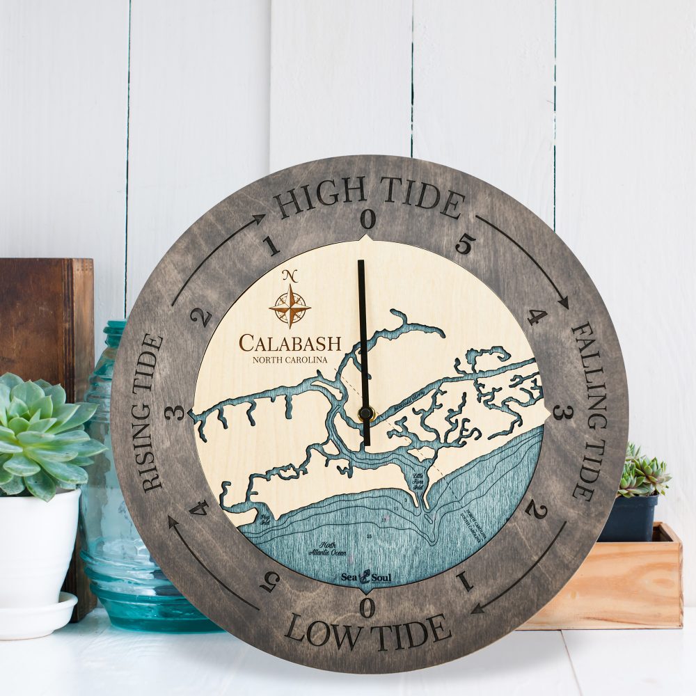 Calabash Tide Clock Driftwood Accent with Blue Green Water Sitting on Countertop by Succulents