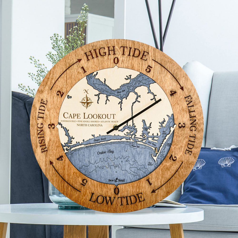 Cape Lookout Tide Clock Americana Accent with Deep Blue Water Sitting on Coffee Table