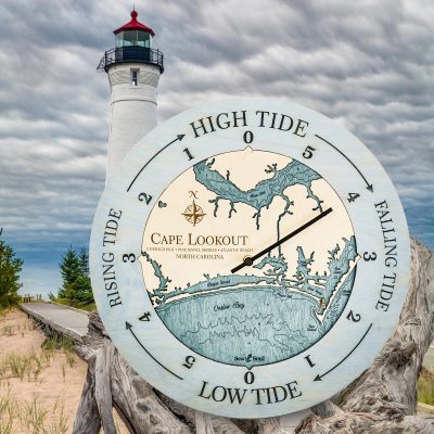 Cape Lookout Tide Clock Bleach Blue Accent with Blue Green Water by Lighthouse and Waterfront