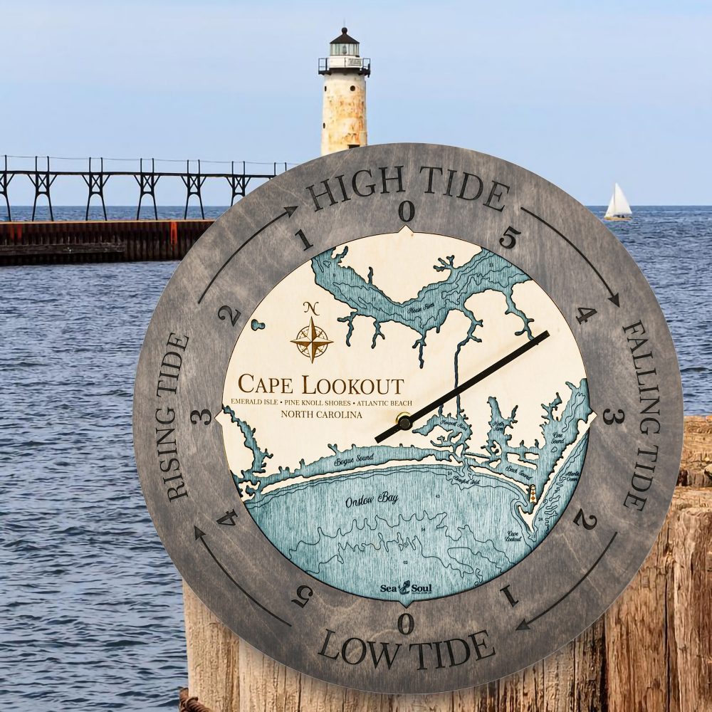 Cape Lookout Tide Clock Driftwood Accent with Blue Green Water Hanging on Dock Post by Lighthouse and Waterfront