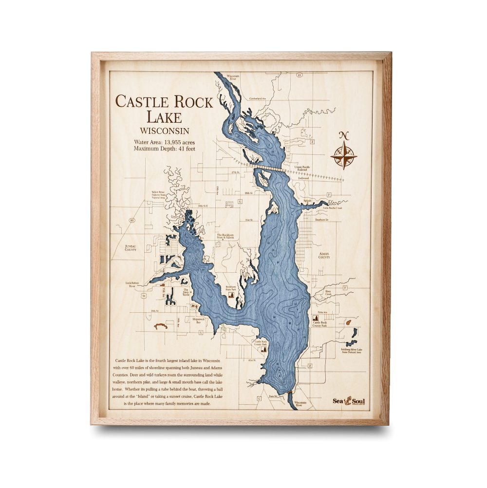 Castle Rock Lake Nautical Map Wall Art Oak Accent with Deep Blue Water