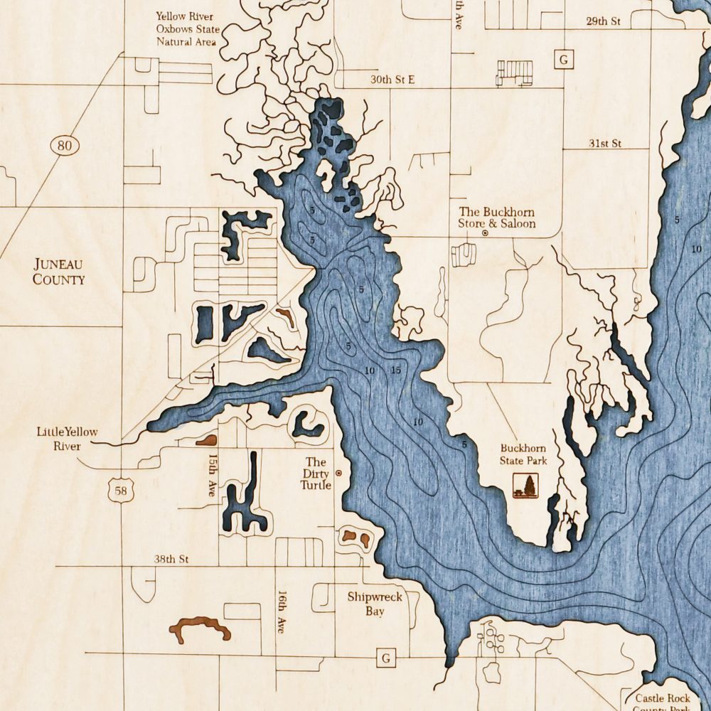 Castle Rock Lake Nautical Map Wall Art Oak Accent with Deep Blue Water Detail Shot 1